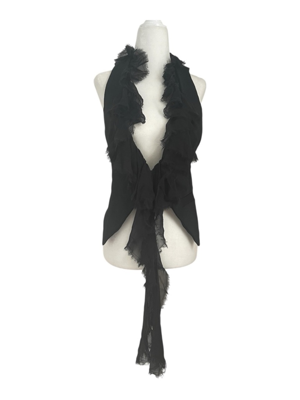 Elizabeth and James Black Ruffle Vest Halter Open Front Tie Back Size S NWOT